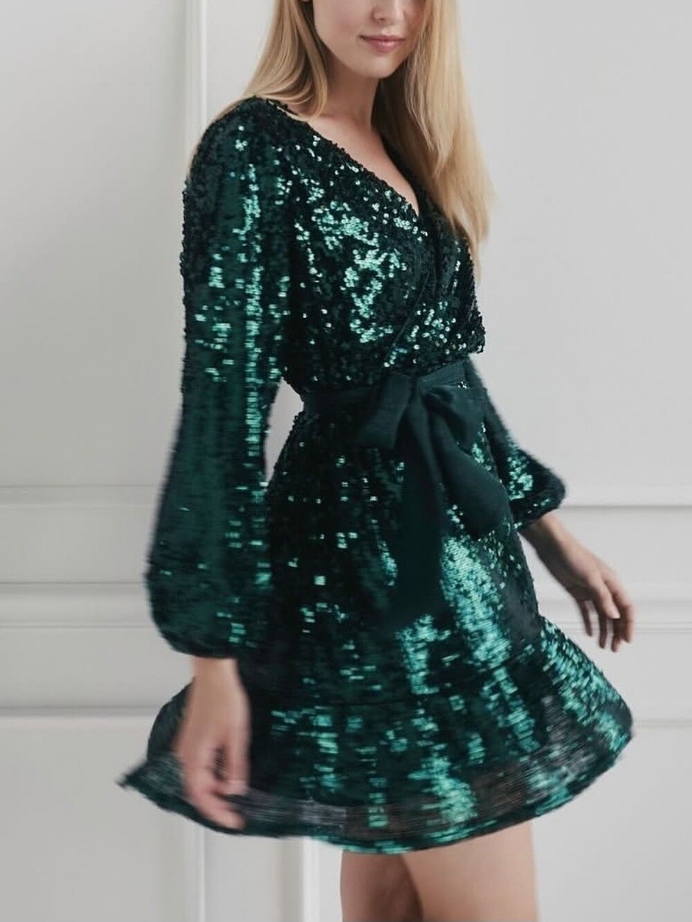 LC Lauren Conrad Emerald Green Sequin Faux Wrap Mini Dress